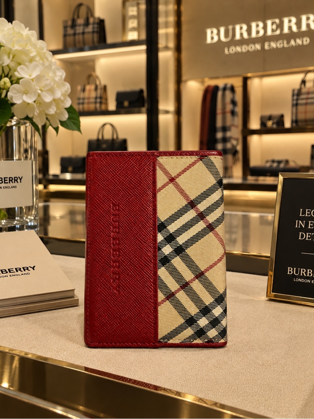 Burberry Red & Beige Check Leather Card Holder